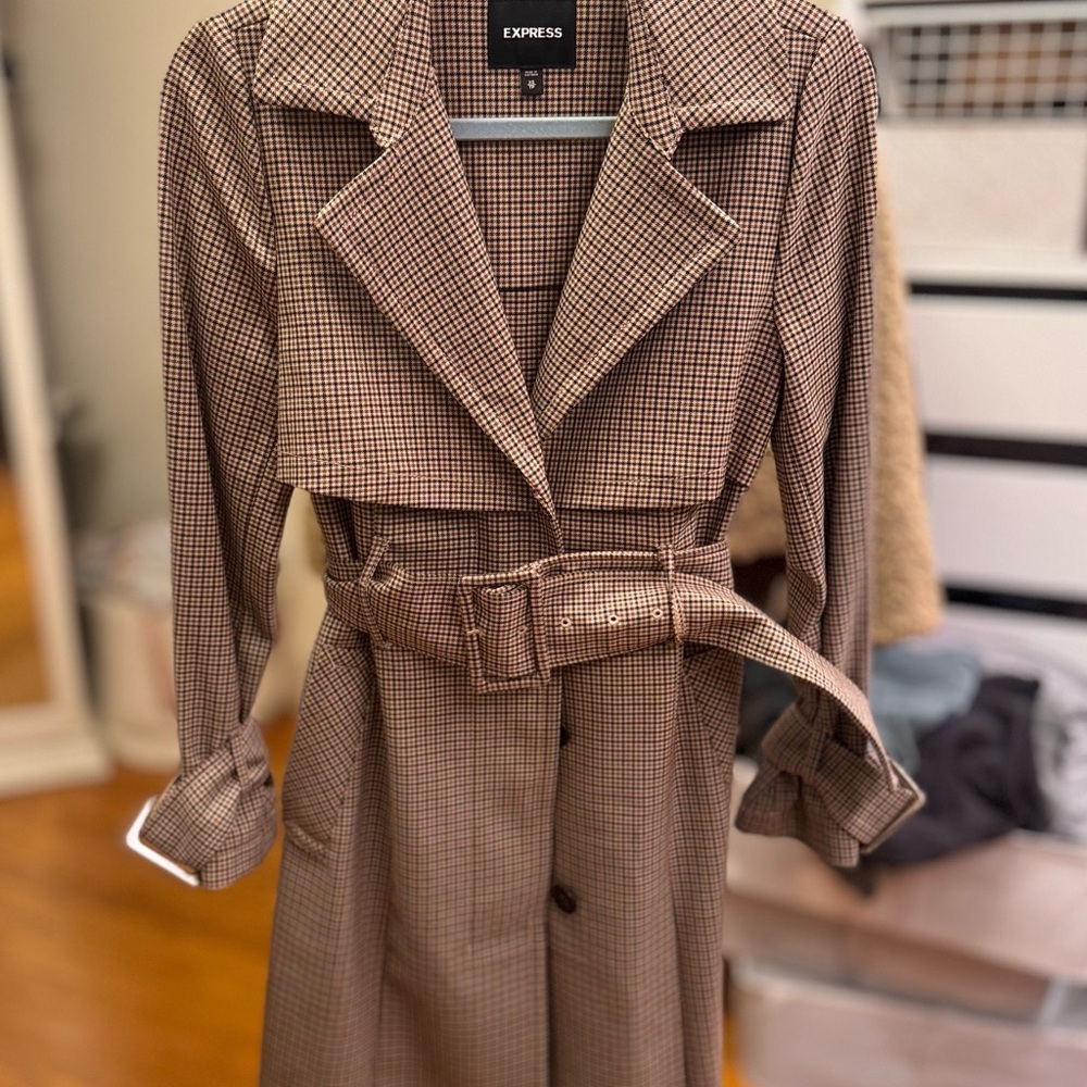 Express Brown Checkered Trench Coat